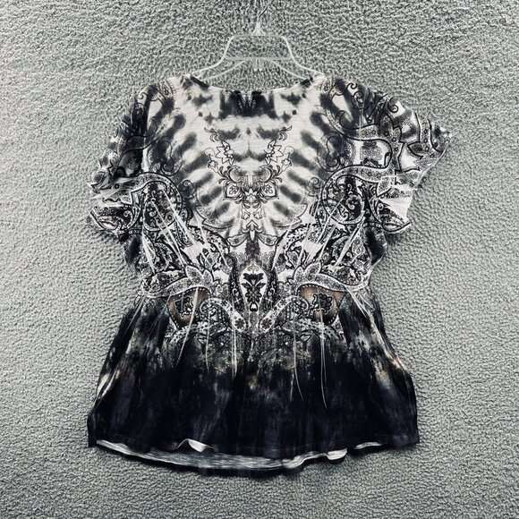 Avenue Women Tunic Top 18/20 Gray White Embellished‎ Short Sleeve Pullover Shirt - Picture 2 of 9